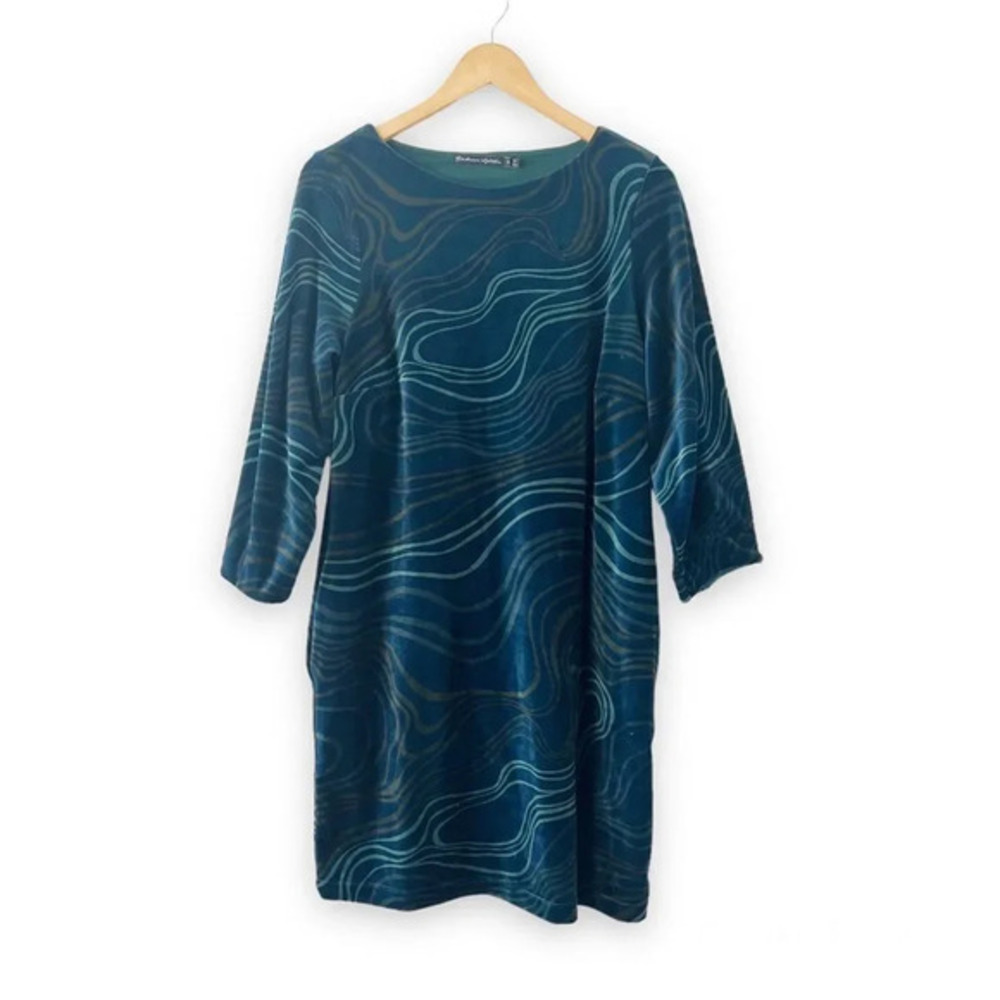 Gudrun Sjoden Teal Velvet Swirl Dress Size Small Organic Cotton Art to Wear Blue